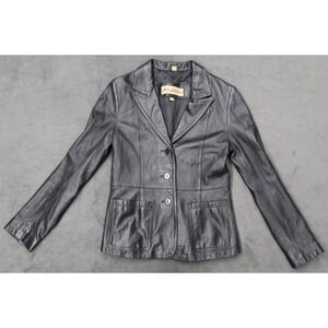 Rom Garson Womens Black Leather Blazer Jacket Size XS 3 Button Patch Pockets